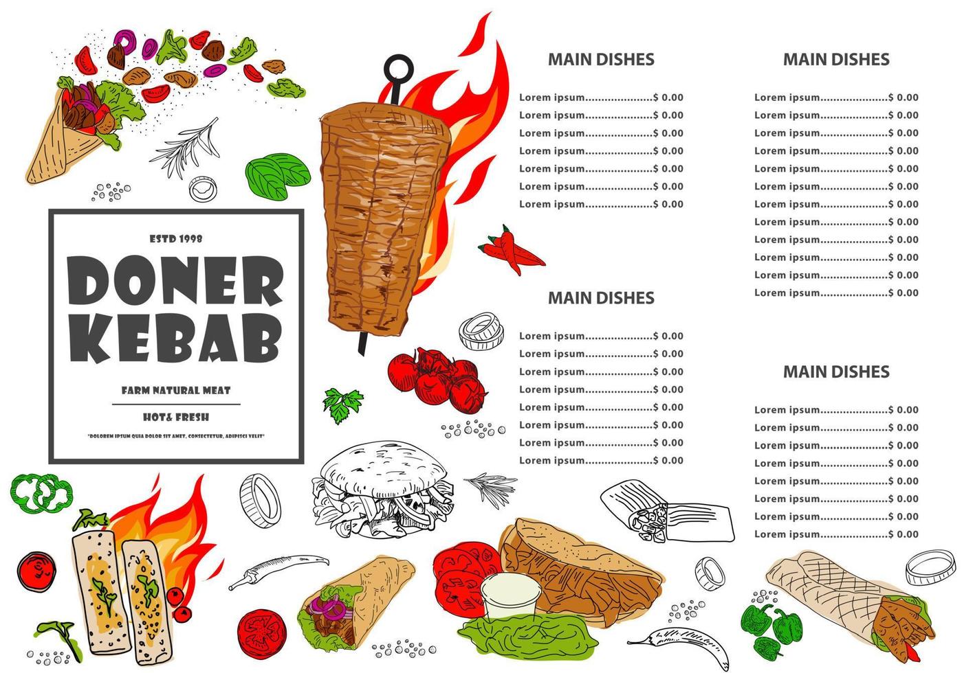 folleto de doner kebab del restaurante del menú del mantel. vector