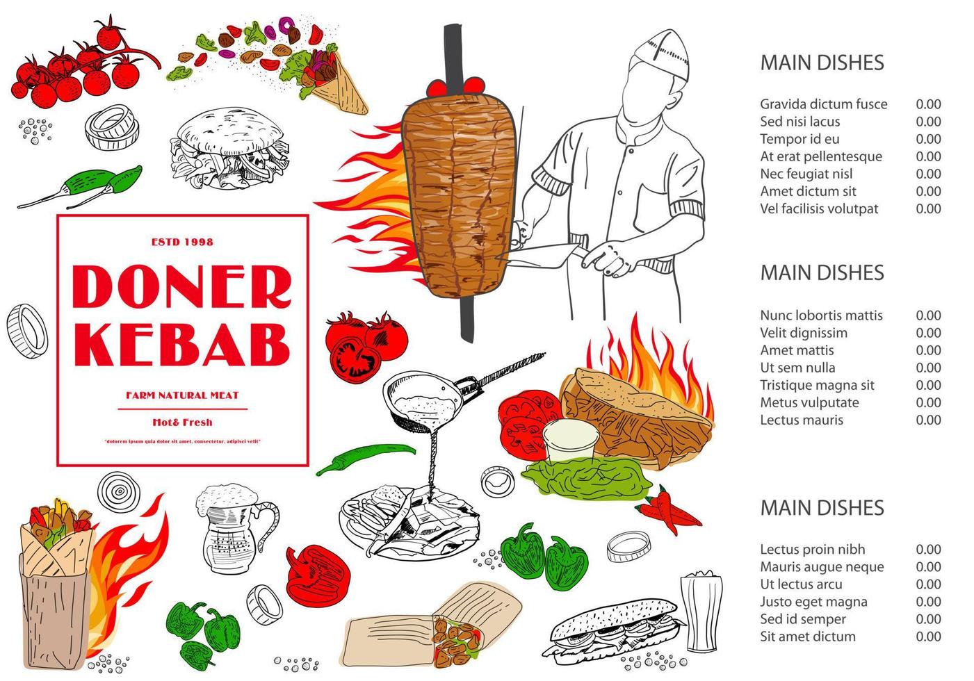 folleto de doner kebab del restaurante del menú del mantel. vector