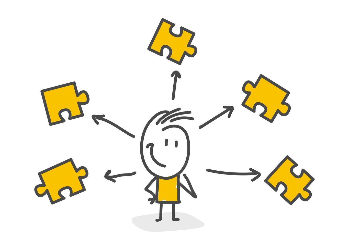 Stick figures. Man with puzzle pieces. vector