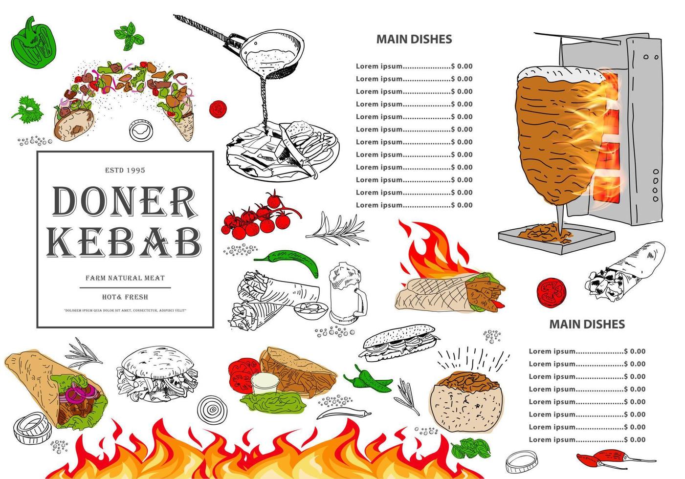 folleto de doner kebab del restaurante del menú del mantel. vector