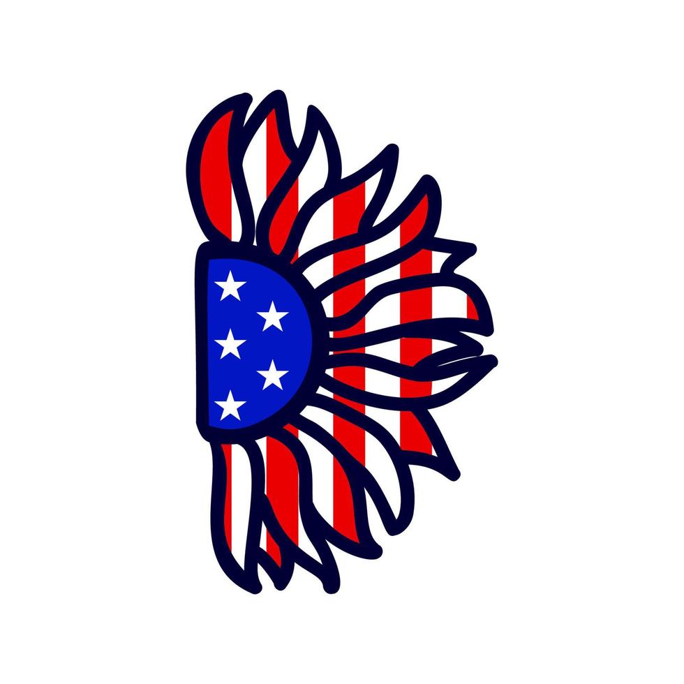 Half of patriotic Sunflower color of american flag. Vector illustration. 4th of july, Independence day. As t shirt print design, greeting card, sticker. Hand drawing flower. Stars and stripes