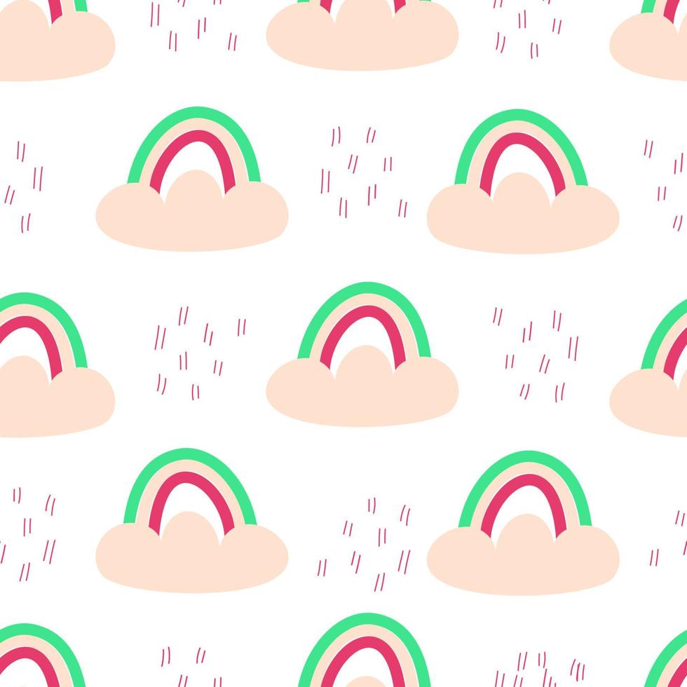Seamless pattern with rainbow and cloud, dashes. Children, kids t shirt print. Vector background. Wallpaper, wrapping, digital paper.
