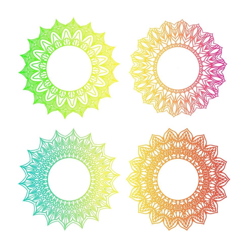 Set of frame gradient mandalas on white background. Green, blue, yellow, red color. Boho concept. Indian yoga template. Vector graphic elements for logo, t shirt print.