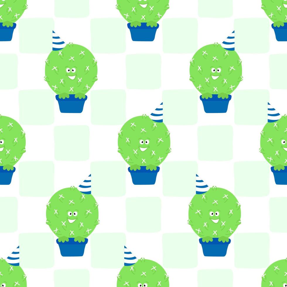 Seamless  kids pattern Cacti with birthday cap on square background. Vector children background. Kitchen tablecloth design.