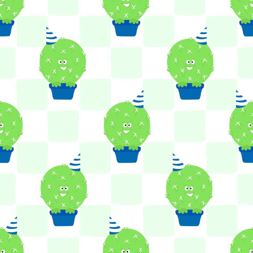 Seamless  kids pattern Cacti with birthday cap on square background. Vector children background. Kitchen tablecloth design.