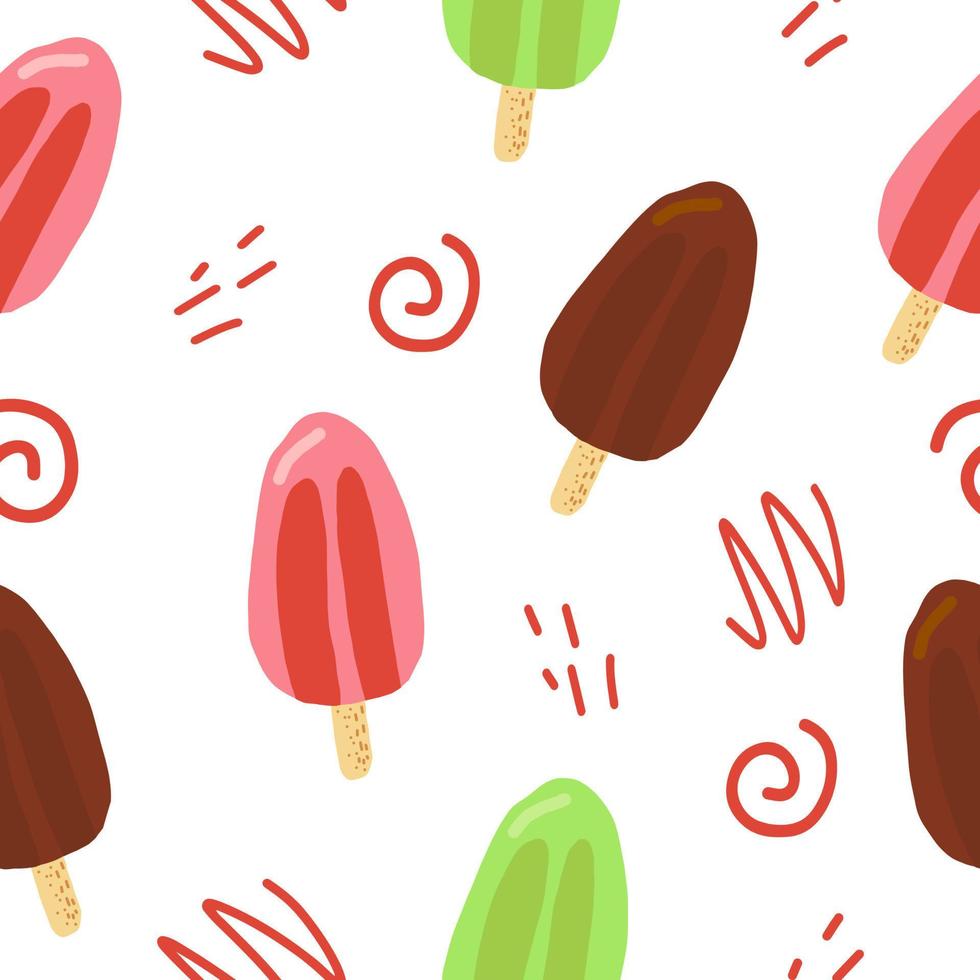 helado en un palo de patrones sin fisuras. garabato dibujado a mano. , dibujos animados. papel pintado, textiles, telas, papel de regalo. comida dulce refrescante brillante verano vector