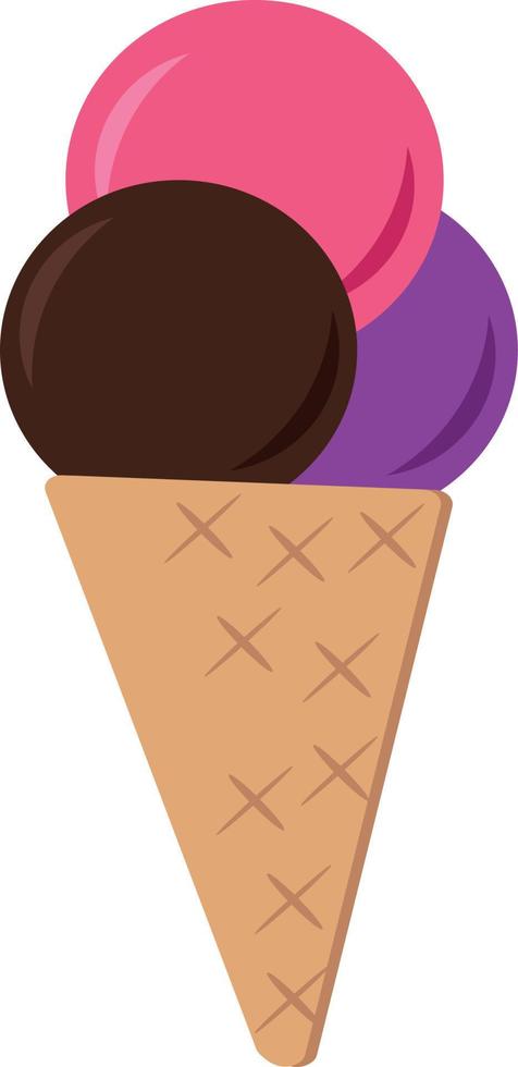 helado en un cono de galleta. tres bolas multicolores. elemento único en estilo plano. postre dulce vector