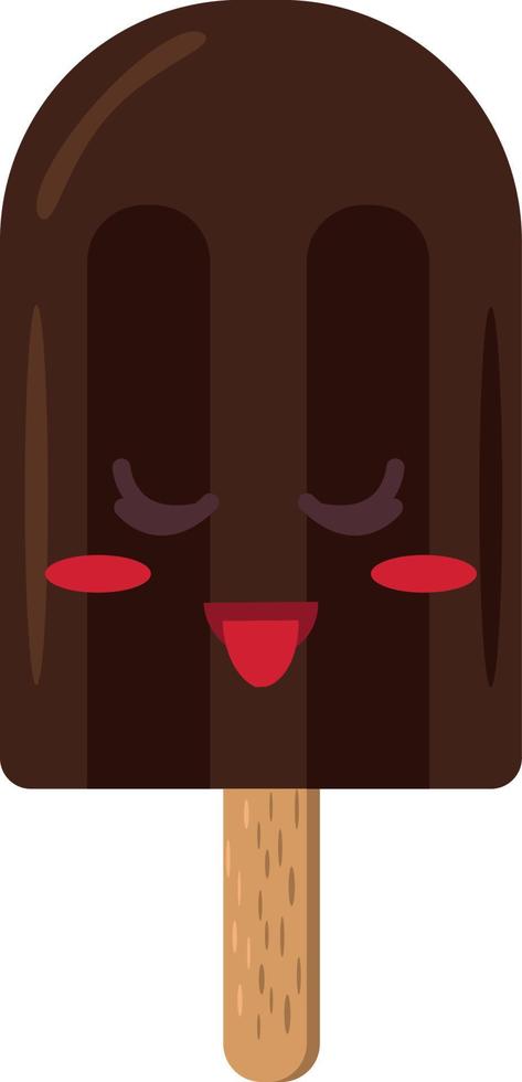 helado en un palo con una sonrisa y lengua al estilo plano. elemento único para el diseño. linda cara de personaje de dibujos animados de postre de chocolate de verano vector