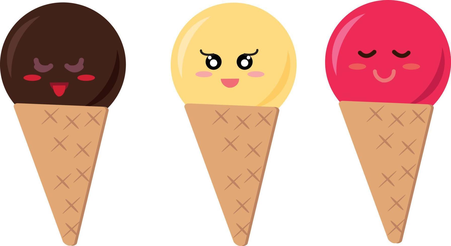 ice cream in a waffle cone with a smile. set of elements in flat style. sweet dessert cartoon character face vector