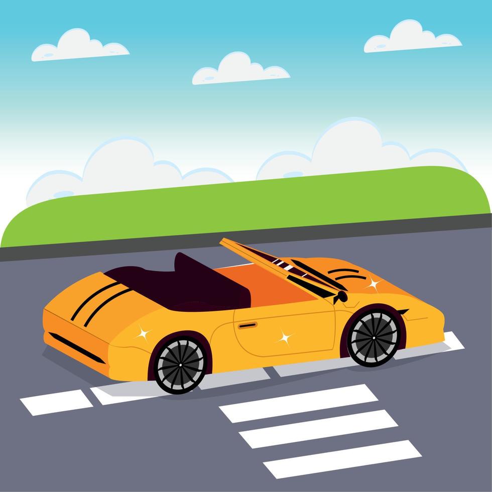 3D orange car rolling down the street vector