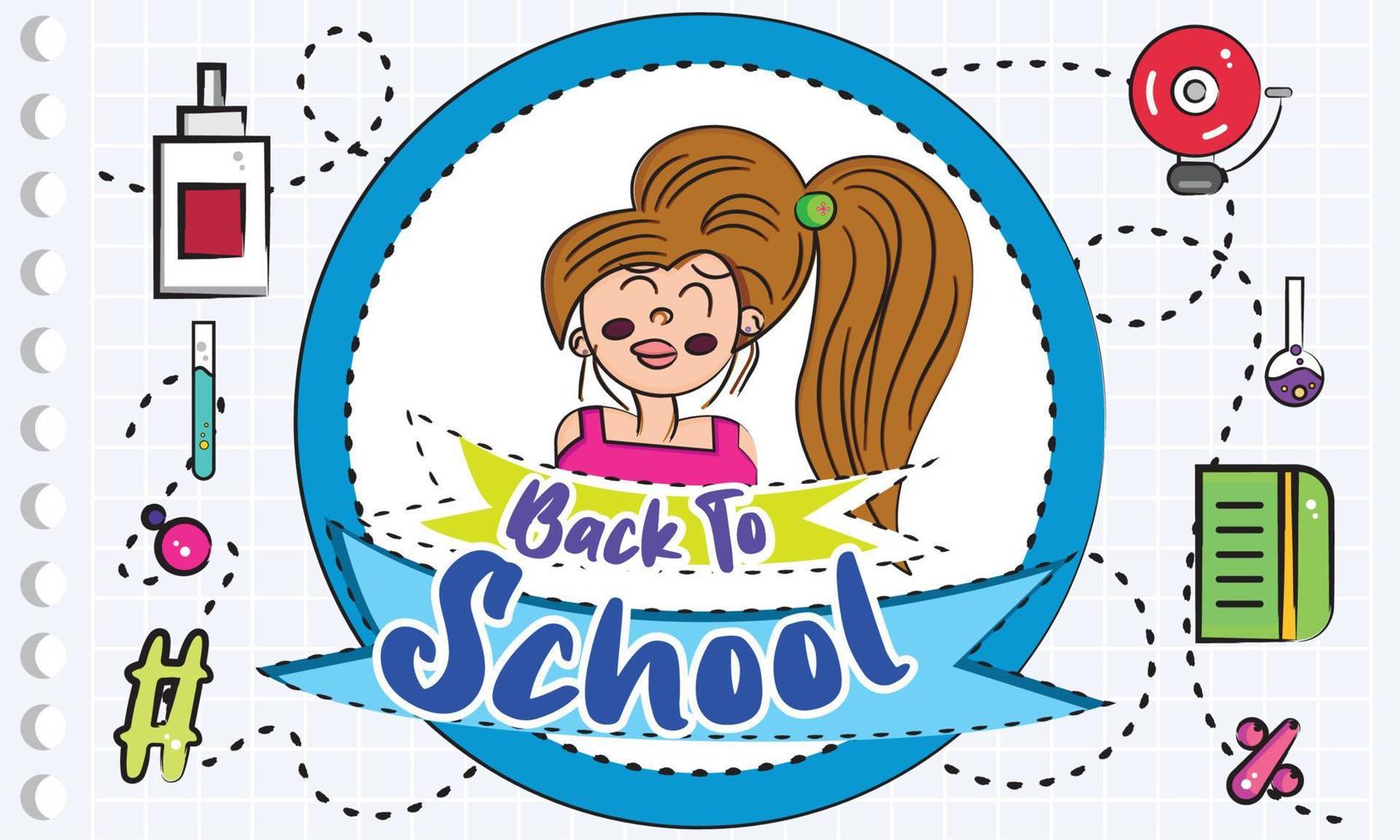 pegatina con un boceto de niña y útiles escolares vector de concepto de regreso a la escuela