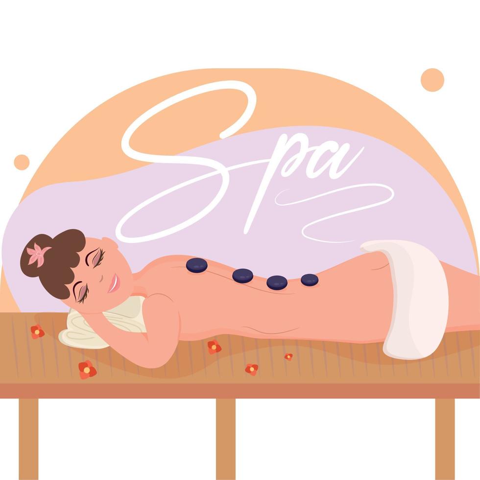 niña feliz con piedras en su espalda masaje spa concepto vector