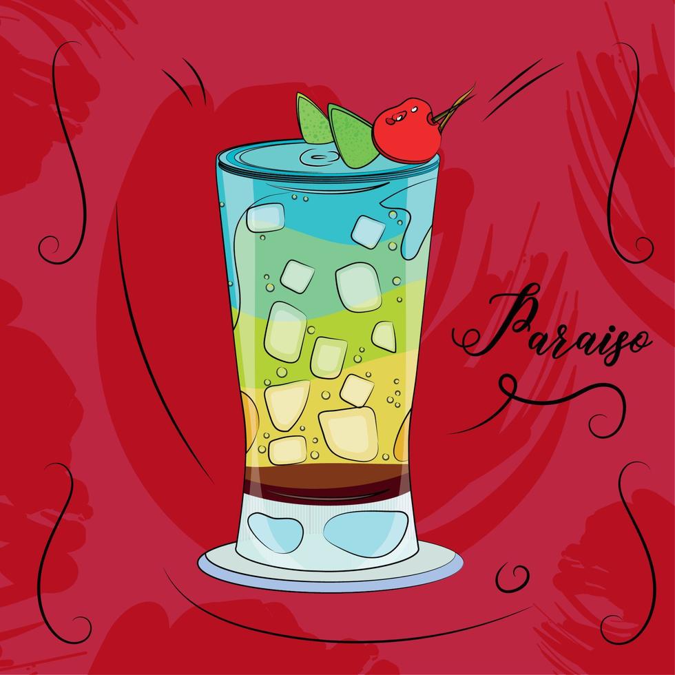 Sketch of a paraiso cocktail with a cherry Tropical cocktail Vector