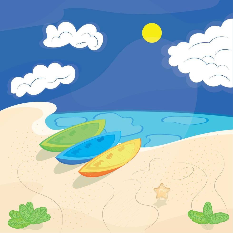 grupo de tablas de surf en la playa vector de paisaje de viaje de vacaciones de verano