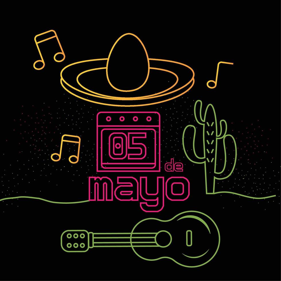 cartel de neón del cinco de mayo. sombrero, cactus y guitarra - vector