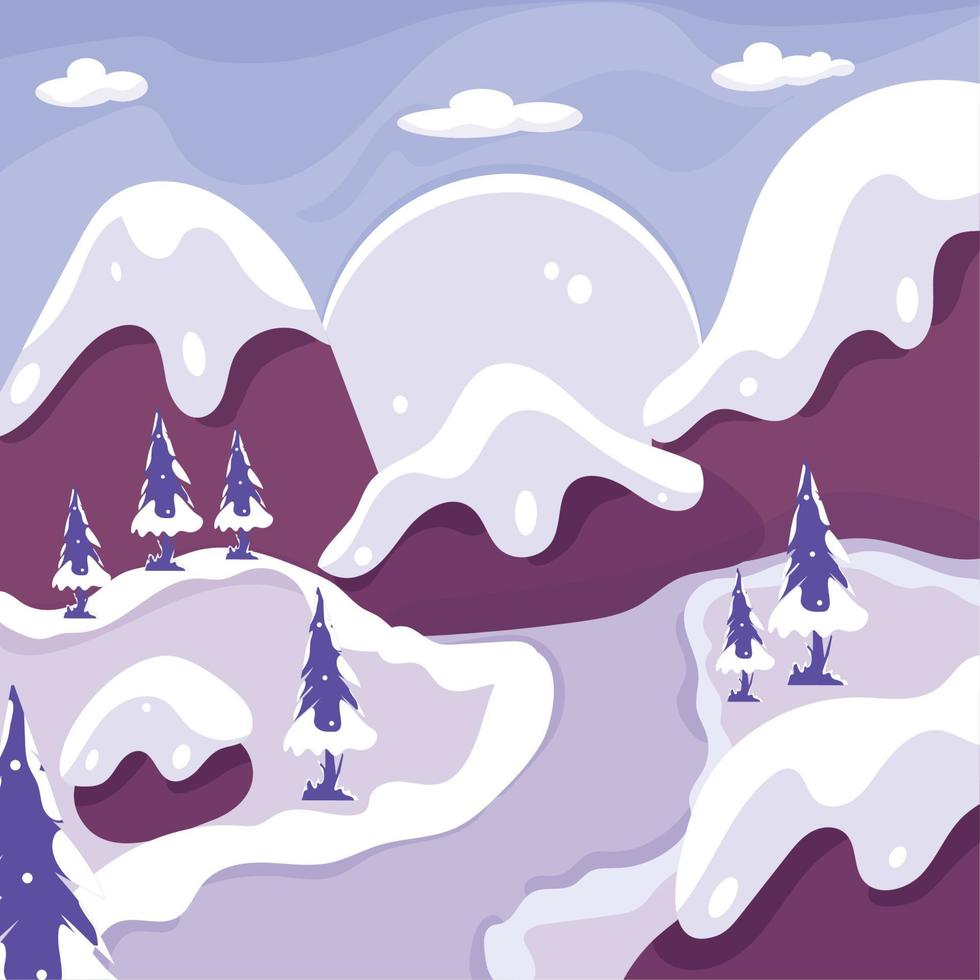 Beautiful cold red winter landscape with hills and trees Vector