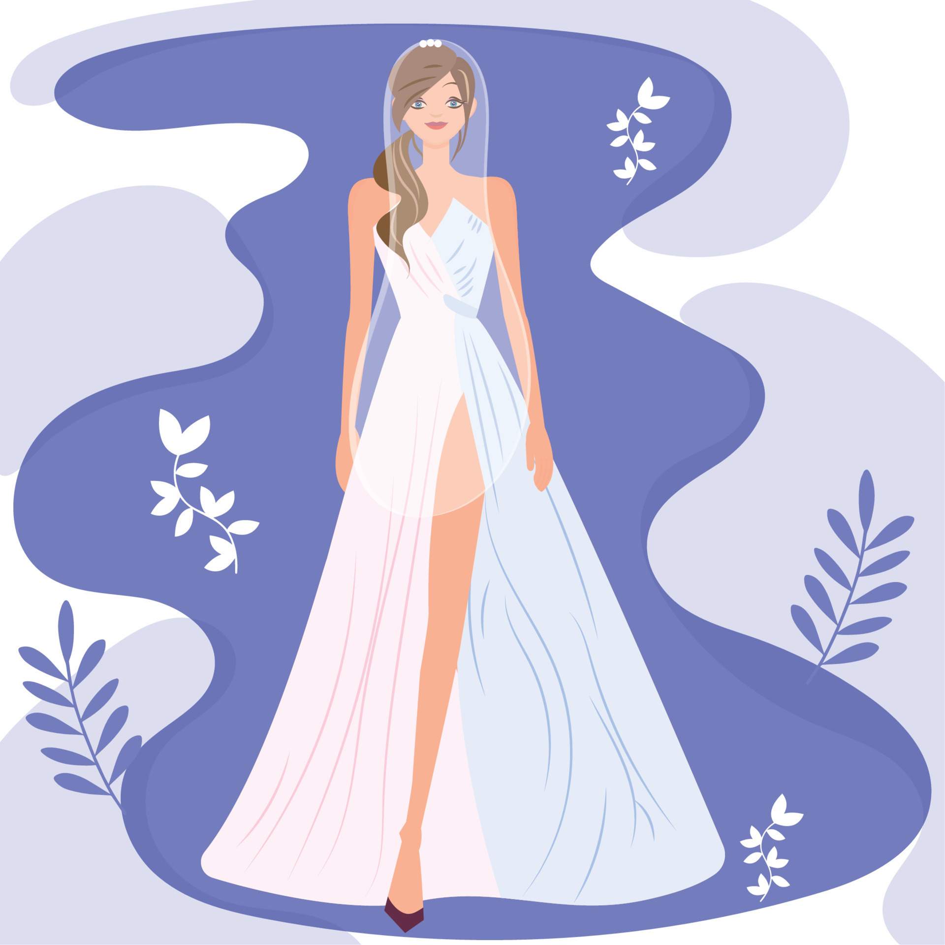 Pretty girl cartoon character on wedding dress Wedding colored template
