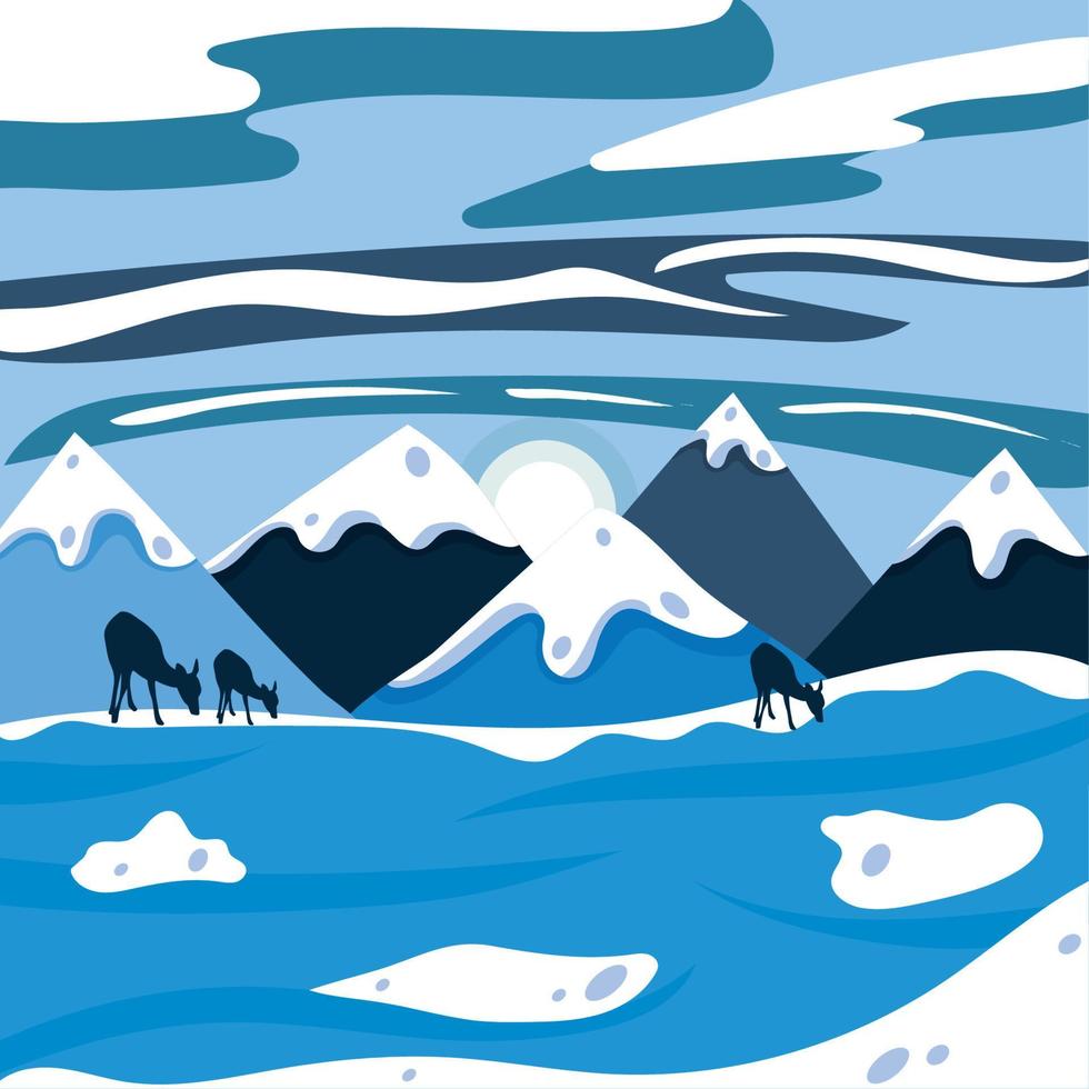 hermoso paisaje de invierno azul claro con colinas y vectores de renos