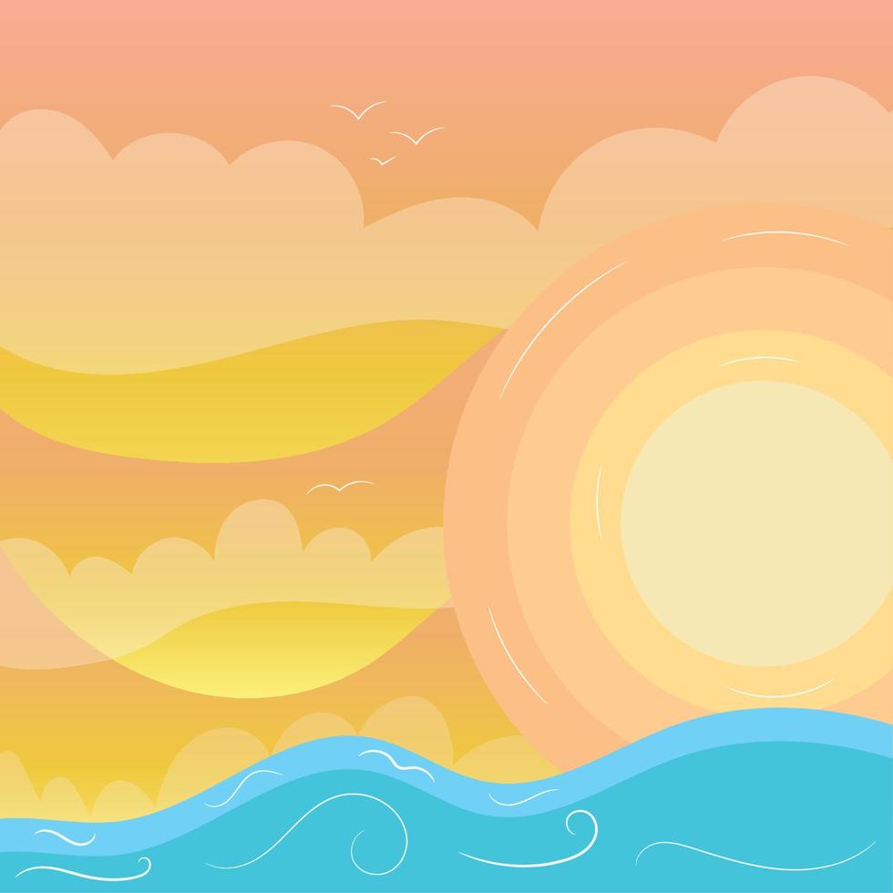 Orange summer landscape with sun and ocean Vector