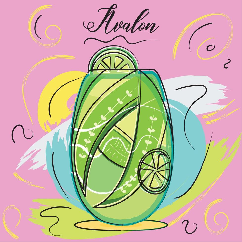 Sketch of a tropical avalon cocktail with lemons Tropical beverage Vector