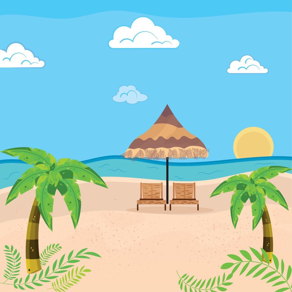 Pair of chairs with umbrella on the beach Summer holiday travel landscape Vector