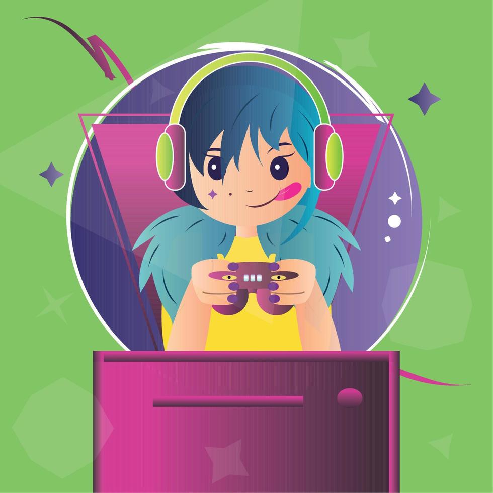 dibujos animados de chica retro con auriculares y joystick videojuegos vector