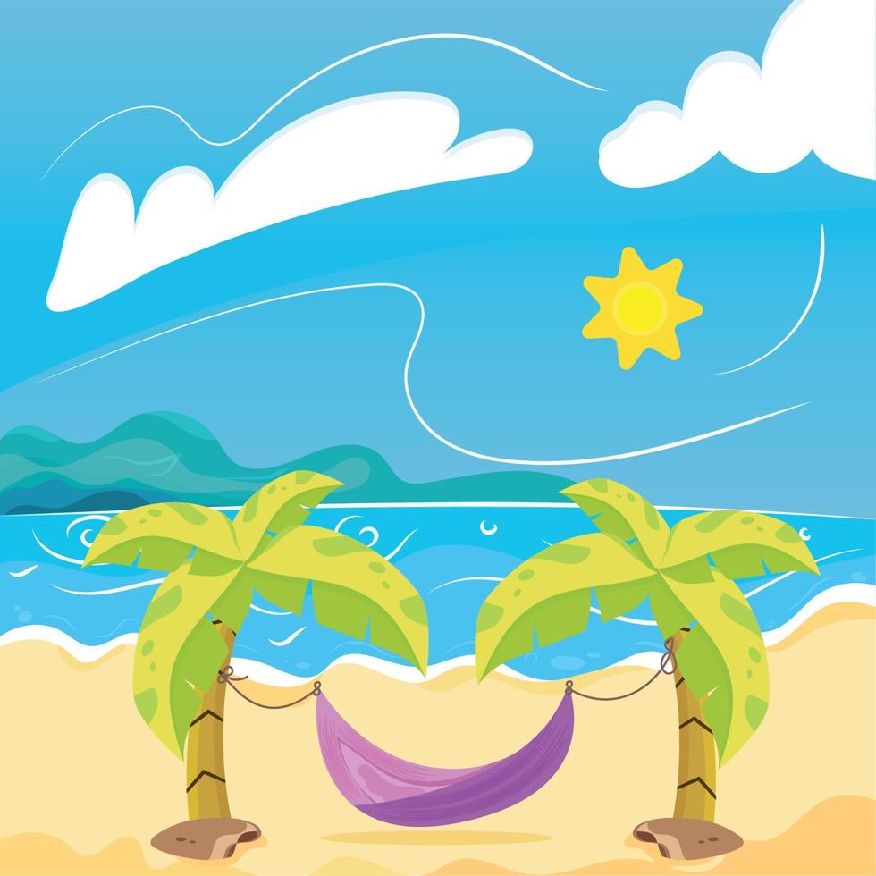 hamaca entre dos palmeras en la playa paisaje de verano vector