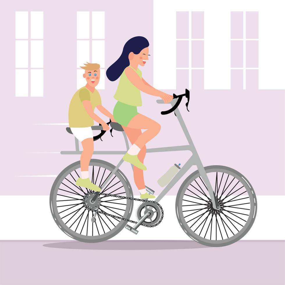 Woman and boy riding a bicycle. Healthy lifestyle - Vector