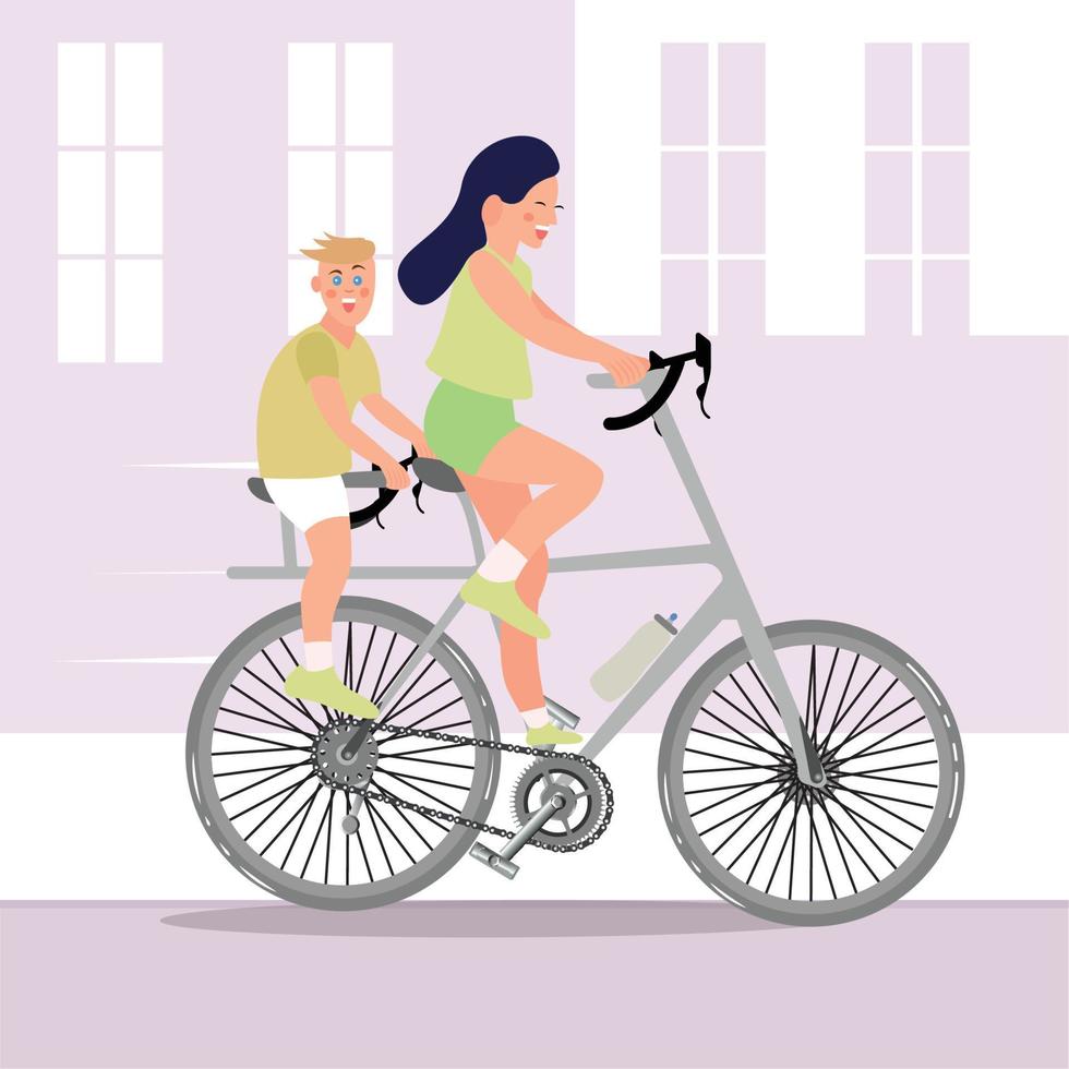 mujer y niño en bicicleta. estilo de vida saludable - vector