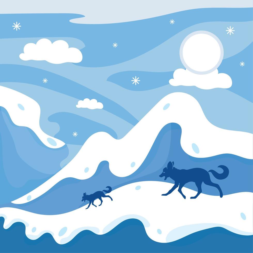 paisaje invernal azul con colinas y una manada de lobos vector