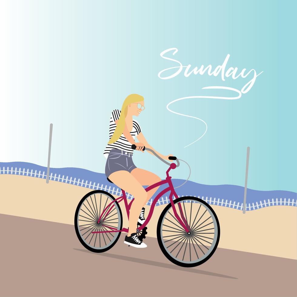 Woman riding a bicycle for the beach. Healthy lifestyle - Vector