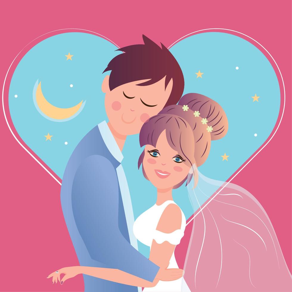 Happy married couple hugging each other Colored wedding template Vector