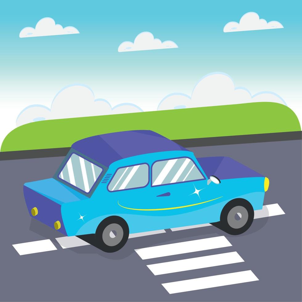 3D blue car rolling down the street vector