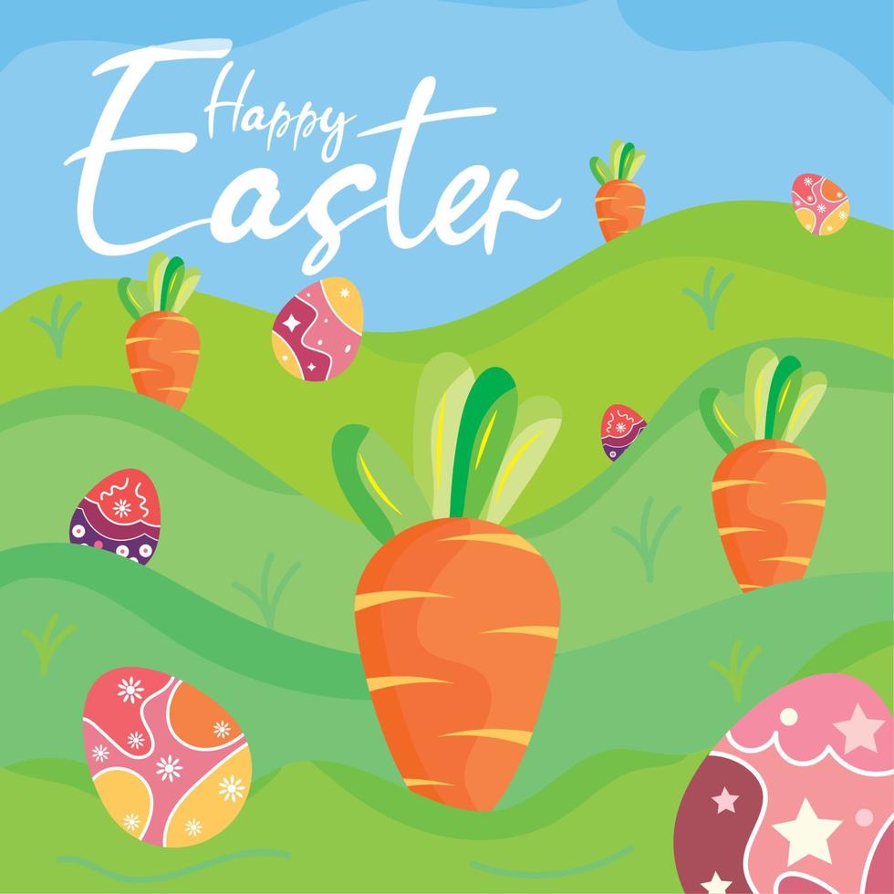 Field with carrots and easter eggs Happy easter season Vector