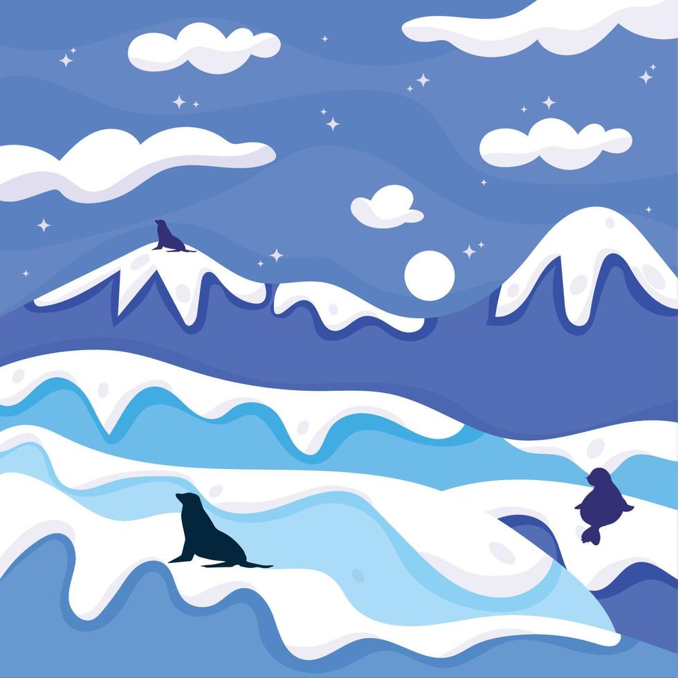 Cold blue winter landscape with hills, seals and walrus animals Vector