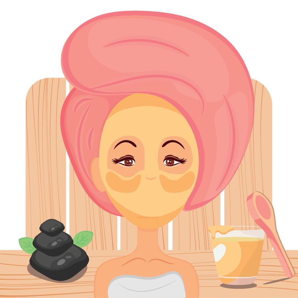 Beauty woman with a spa facial mask and towel Spa concept Vector