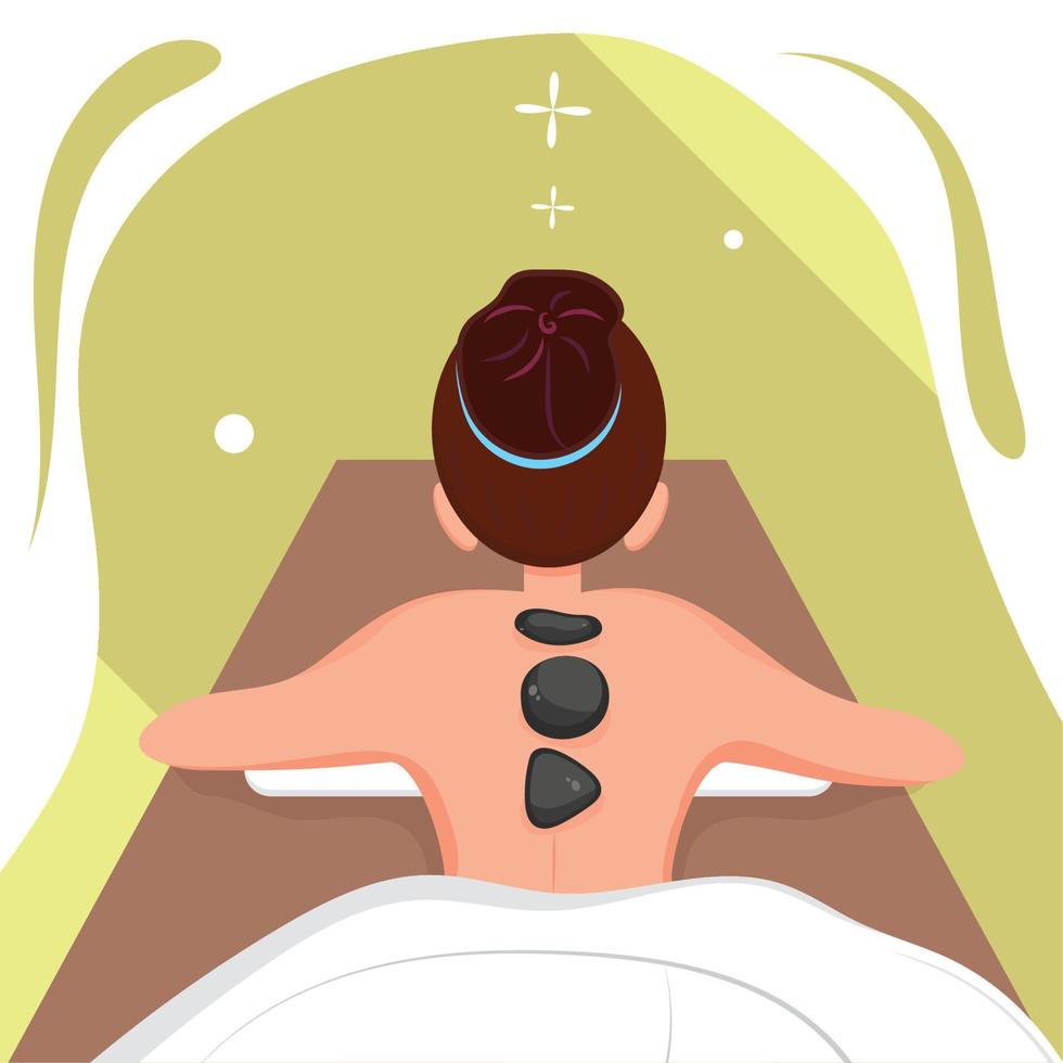 chica relajada con piedras en la espalda concepto de spa vector