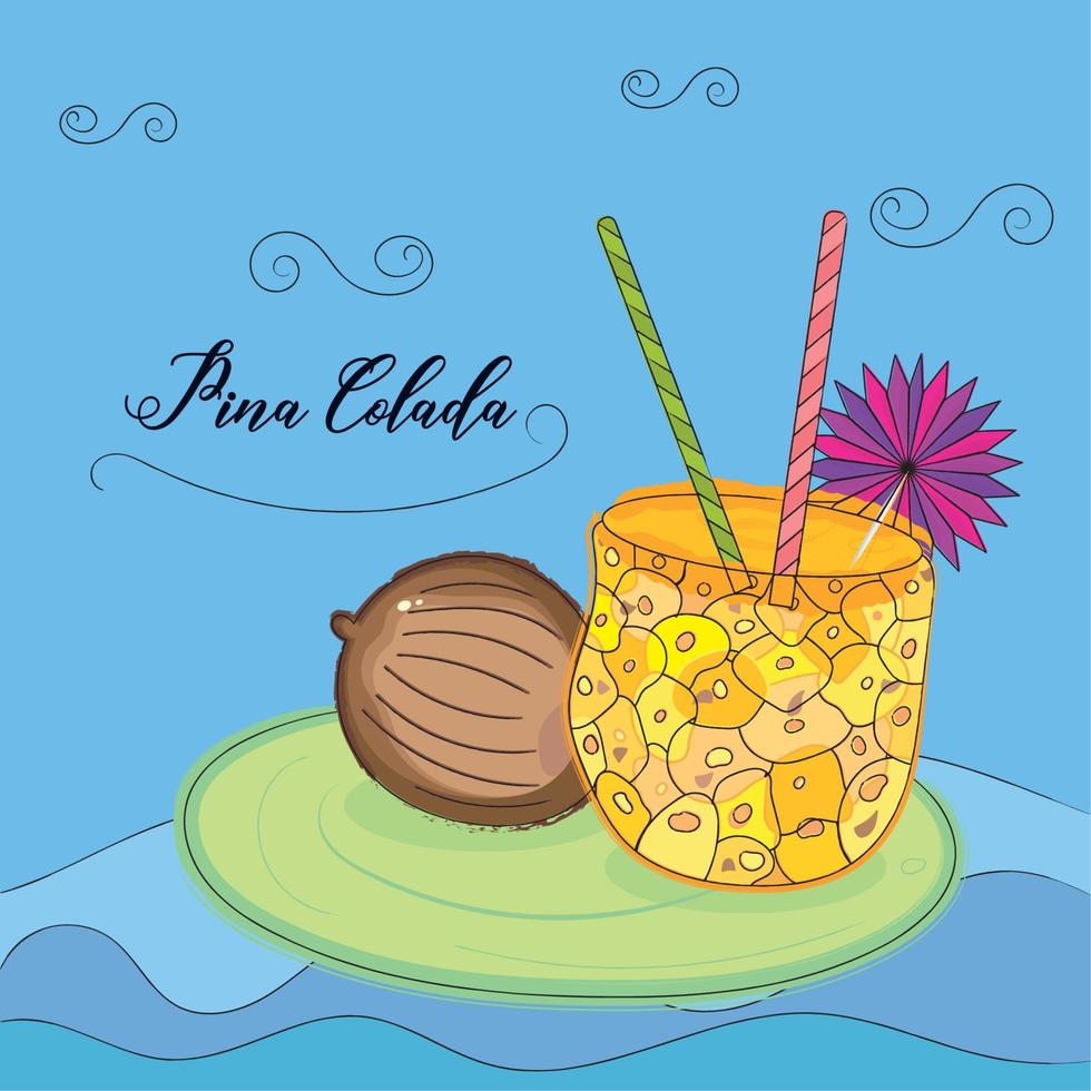 Sketch of a pina colada drink with umbrella and coconut Tropical cocktail Vector