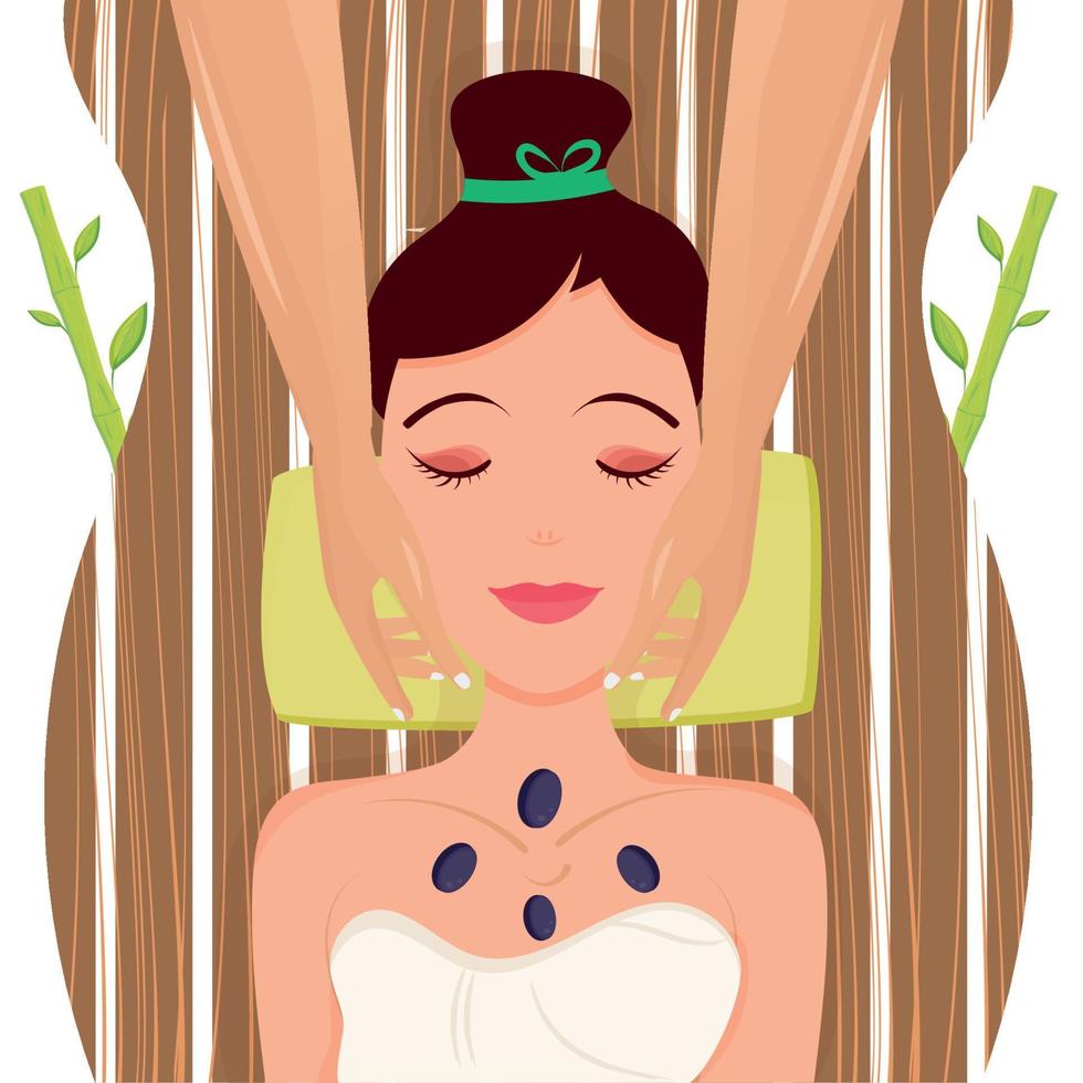 Girl recieving a facial massage on a wooden table Spa concept Vector