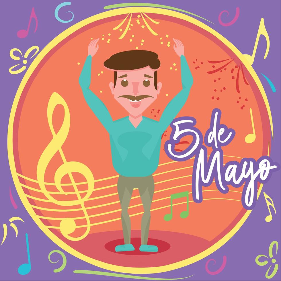 cartel del cinco de mayo. caricatura de un músico feliz - vector