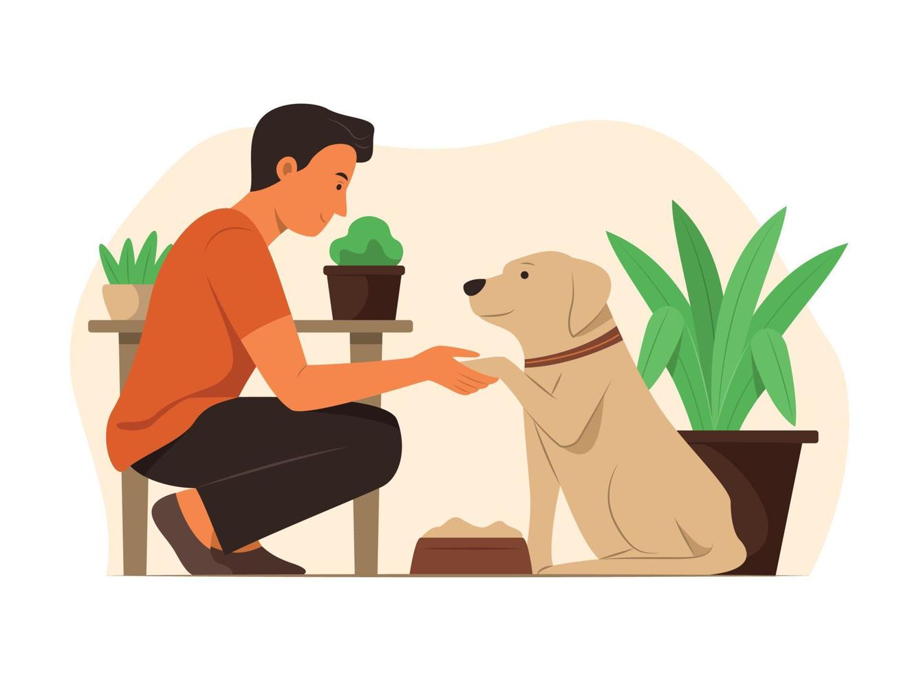 hombre cuidando perro. vector