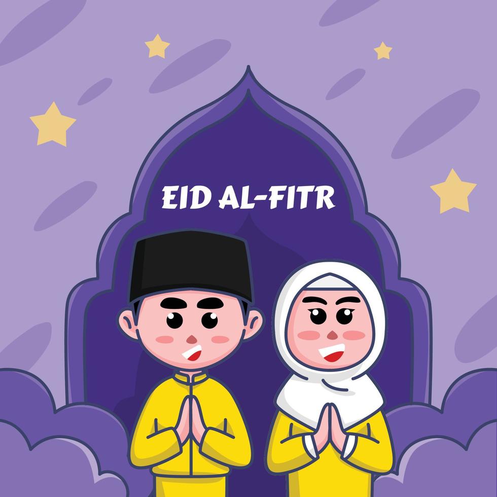 Cute cartoon illustration of Muslim boys and girls, happy to welcome Eid al-Fitr Ramadan for banners, pamphlets, stickers vector