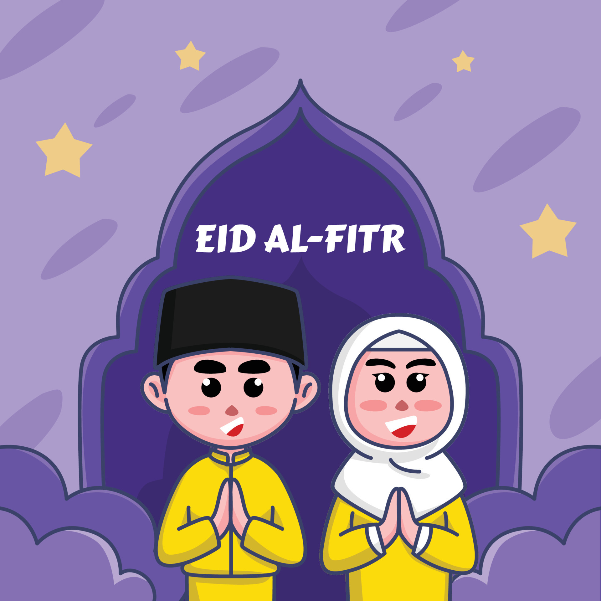 Cute cartoon illustration of Muslim boys and girls, happy to welcome Eid  al-Fitr Ramadan for banners, pamphlets, stickers 7357500 Vector Art at  Vecteezy