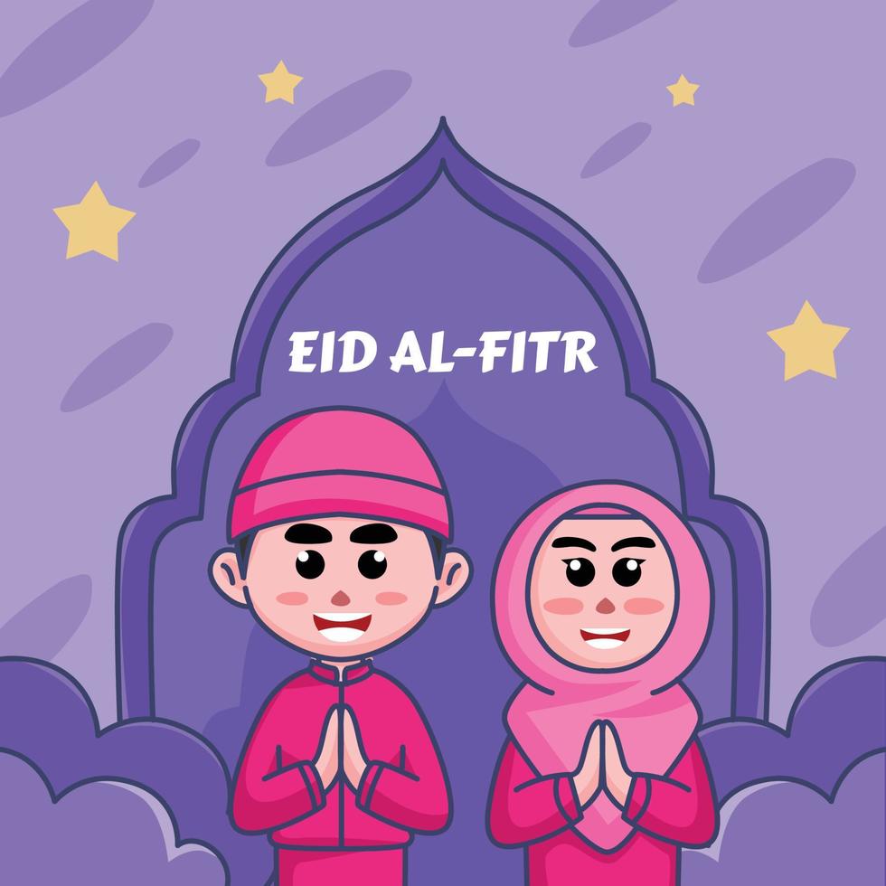 linda ilustración de dibujos animados de niños y niñas musulmanes, felices de dar la bienvenida a eid al-fitr ramadan para pancartas, panfletos, pegatinas vector