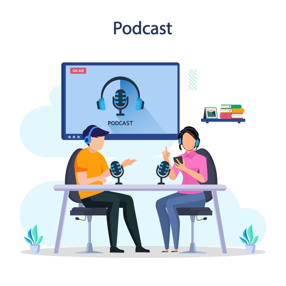 Podcast audio radio concept, vector illustration. Flat people character with microphone.