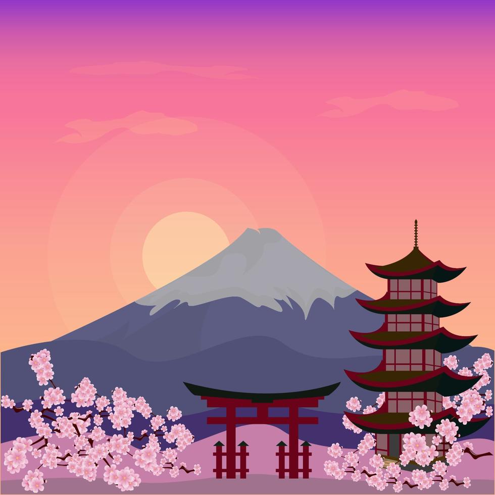 Mountain Fuji Japan Sakura View Landscape Travel Place ilustration Vector