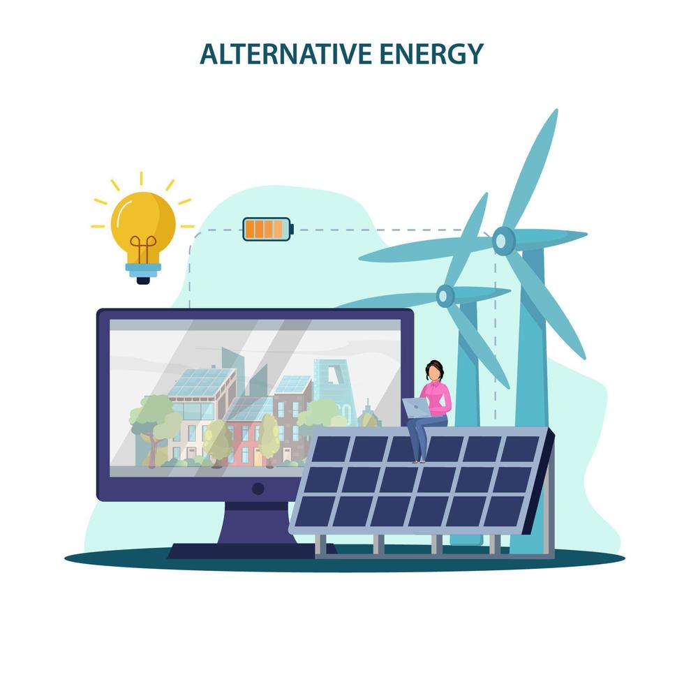 Ilustración de vector de energía alternativa. idea de ecología frinedly power, aplicación de energía de ciudad verde