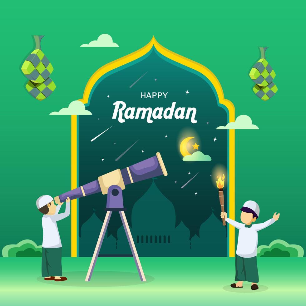 ramadán kareem, los musulmanes buscan en el cielo con un telescopio la luna nueva que señala el comienzo del mes sagrado de la ilustración vectorial ramadán vector