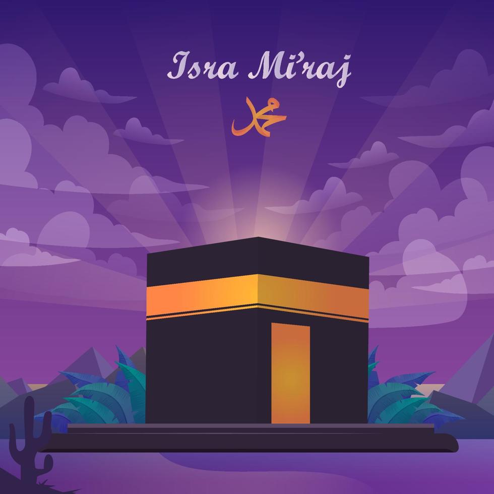 Isra and mi'raj arabic calligraphy, Prophet Muhammad Night Journey. Flat vector template