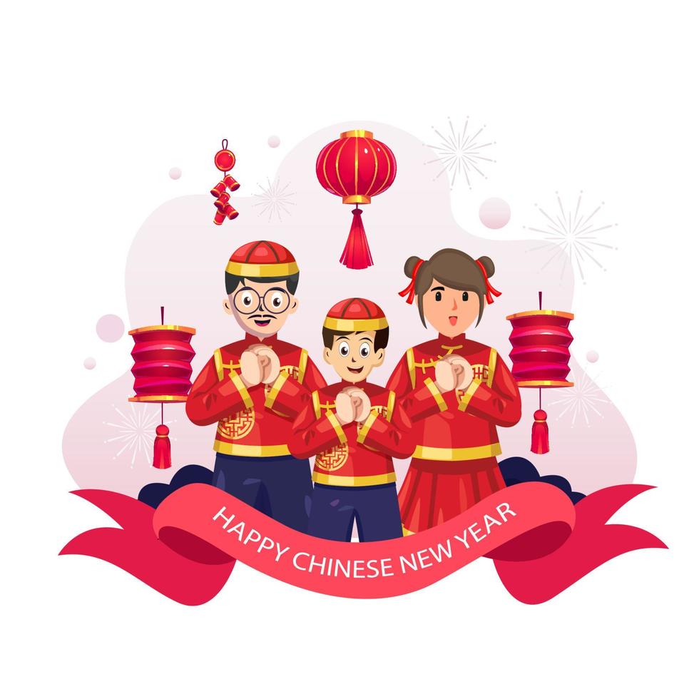 Chinese new year concept, Chinese Family in traditional dress costume doing salute etiquette fist and palm gesture greeting to celebrate the Lunar new year. Flat vector